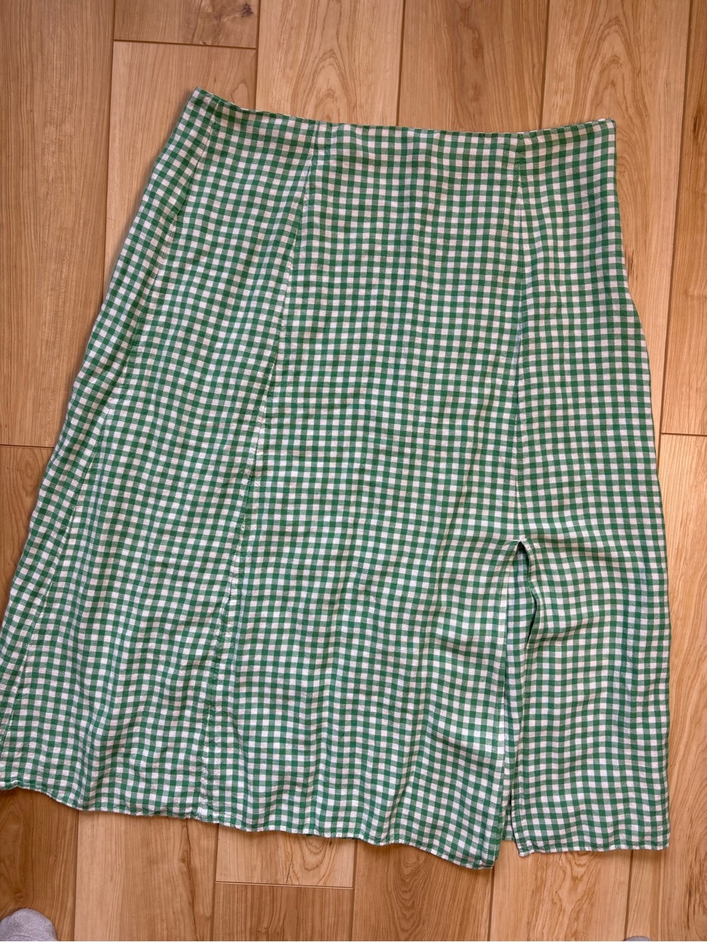 Cottagecore Green and White Gingham Midi Skirt with Front Slit Cotton EUC
